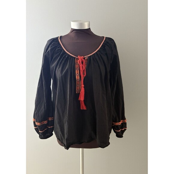 H&M Blouse Size 14 Black Boho Peasant Renfair Lightweight Tassels Embroidery - Picture 1 of 16